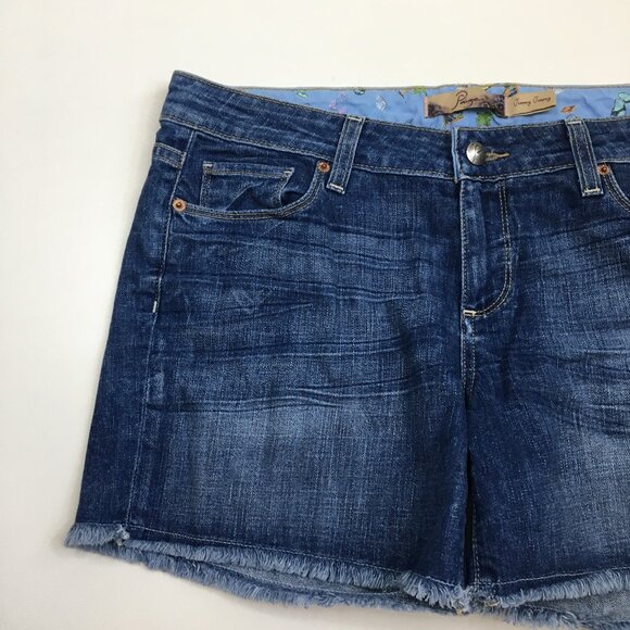 PAIGE Logo Hardware Medium Wash JIMMY JIMMY Raw Edge Hem Cut Offs Denim Shorts - Picture 5 of 11